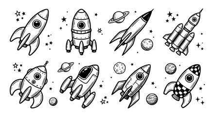 space rocket vector, vintage spaceship illustration, black and white rocket clipart, astronomy line art set, planet and star drawing, sci-fi vector bundle, retro space icons, moon and saturn illustrat © ahmed