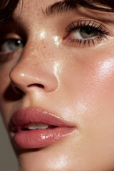 Fototapeta premium Macro beauty closeup with glowing freckled skin, glossy lips, and flawless complexion for premium skincare and cosmetic branding