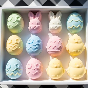 Colorful macarons arranged in a 3x3 grid on a white background