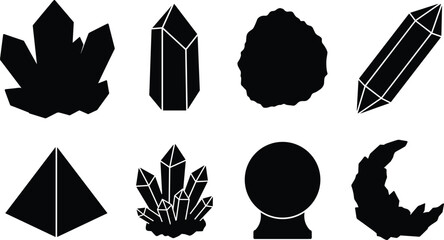 Collection of magic crystal black silhouettes including quartz clusters pyramid geode crystal ball and crescent moon isolated on white background © MdMehedi