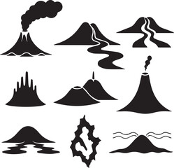 Fototapeta premium Collection of volcano silhouettes. Various volcanic eruption icons. Geology and geography symbols.