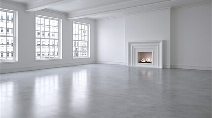 Fototapeta premium Elegant modern empty loft apartment interior with large windows and a fireplace