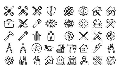 Fototapeta premium Maintenance Service and Technical Repair Icon Set with Outlined Line Symbols for Mechanics, Construction Apps, Hardware Stores, and Graphic Designs