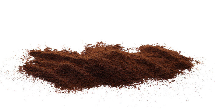 Milled coffee powder pile, ground isolated on white background, side view