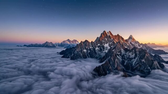 Aerial tracking shot of mountain peaks emerging through rolling sea of clouds at sunrise over alpine range with pastel sky and starlit twilight mood