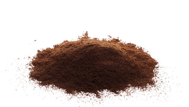 Milled coffee powder pile, ground isolated on white background, side view