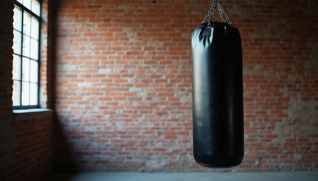 Black punching bag hangs in empty urban gym with rough brick wall and window light. Workout space for boxing or kickboxing practice. Strength training equipment.