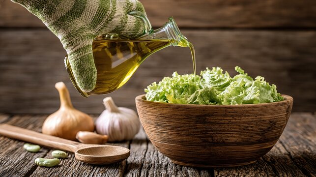 Gloved hand pouring healthy olive oil into a wooden bowl of fresh salad, with garlic and wooden spoon on rustic table