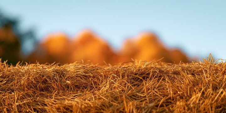 Close-up of golden straw with blurred orange shapes and sky