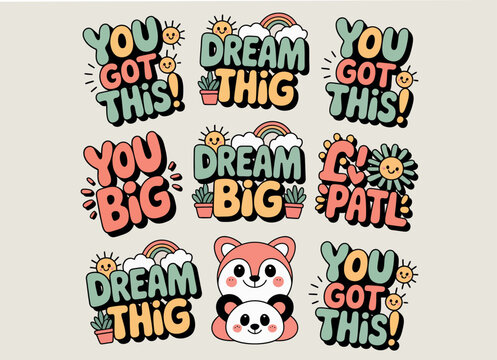 Motivational quotes stickers collection with cute animals and rainbows, stickers