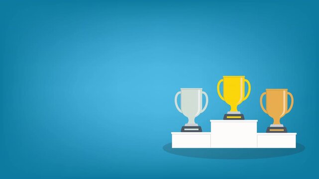 Golden, silver and bronze metallic trophy cups on a podium. Video animation clip.