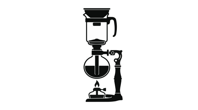 Black silhouette of a siphon vacuum coffee maker brewer on a white background, modern minimalist style for kitchen and coffee concepts