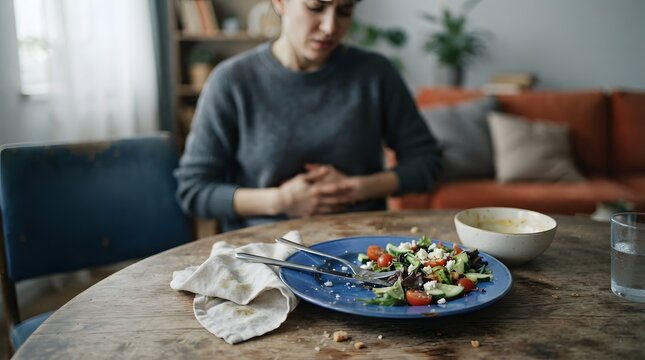 Woman experiencing stomach pain while sitting at a table with a salad