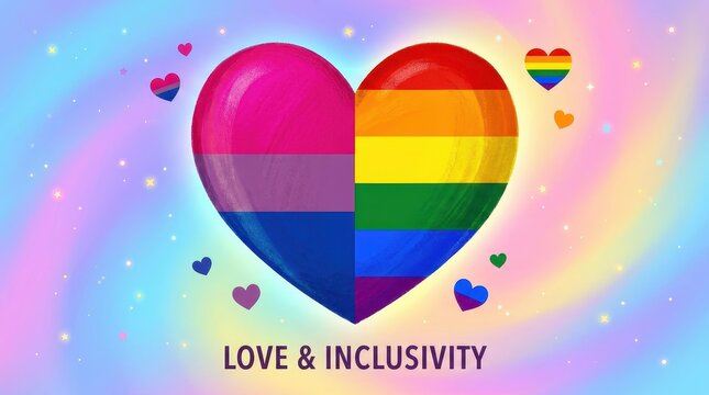 Big heart symbol with bisexual and pride rainbow flag colors on a soft pastel glowing background