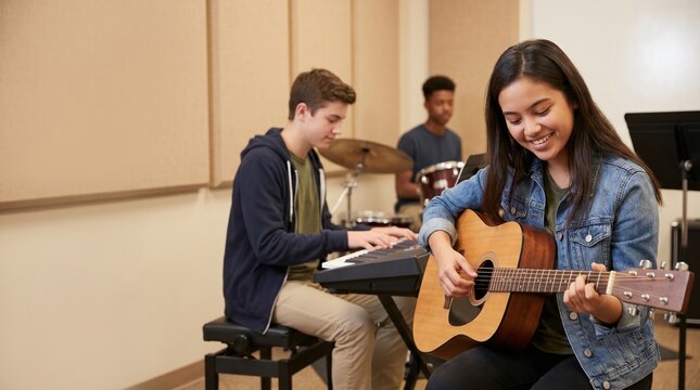Teenagers playing music together in a classroom during rehearsal  