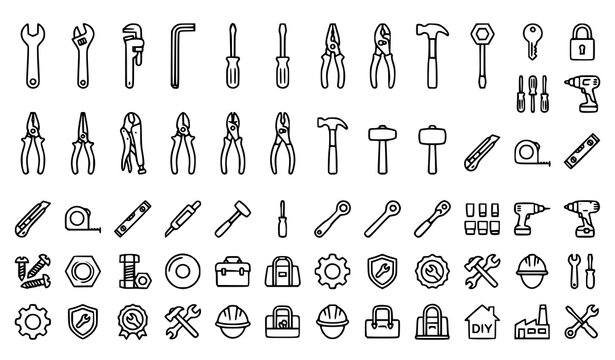 Work Tools and Home Repair Equipment Icon Set with Outlined Line Symbols for Carpentry, Construction Apps, Hardware Stores, and Graphic Designs