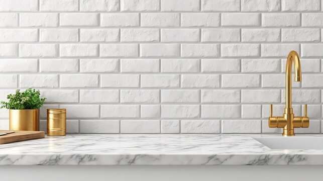 Luxurious modern kitchen countertop with white subway tile backsplash and gleaming golden faucet