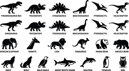 Prehistoric Dinosaurs and Modern Wildlife Animal Silhouette Icon Set with Tyrannosaurus Rex, Triceratops, Lion, Elephant, Shark, Eagle, and Bear Vector Elements © BijoyChandra