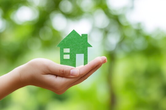 Green paper house in hand &ndash; eco home, renewable energy and sustainable lifestyle concept