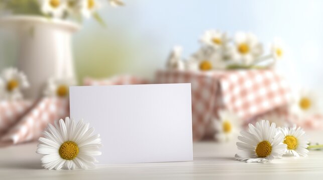 Blank card with chamomile flowers &ndash; romantic floral background concept