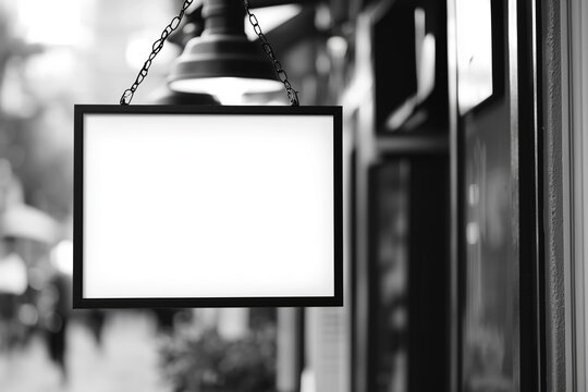 Isolated empty shop signage design mockup, transparent store template. Street hanging on wall. Logo presentation signboard. Metal cafe restaurant bar plastic badge black white round.