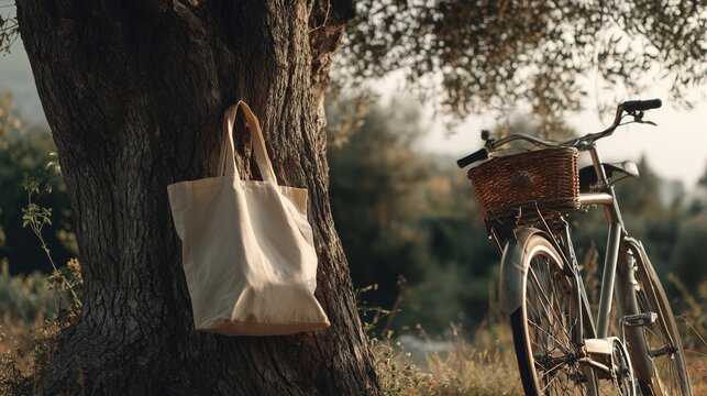 Eco bicycle with basket and reusable bag near tree &ndash; sustainable lifestyle in nature