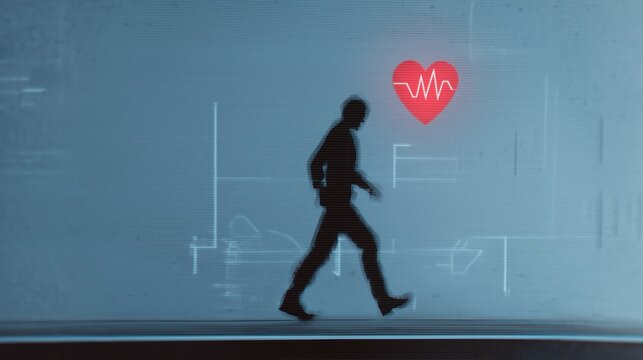 Walking silhouette with heart icon on blue interface &mdash; activity tracking and digital health lifestyle concept