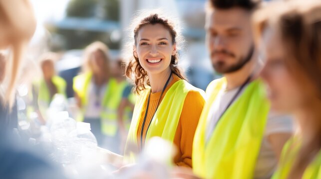Smiling volunteers distributing water at charity event &ndash; teamwork and community support concept for nonprofit and social campaign visuals