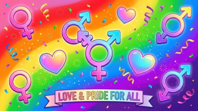 Colorful lgbt pride illustration with gender symbols and love hearts on a rainbow flag background