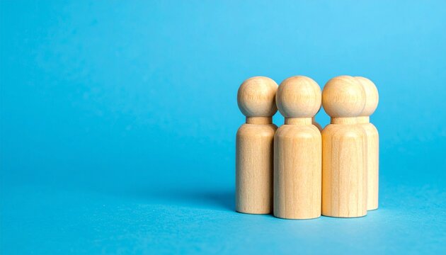Four Blank Wooden Peg Dolls Standing in a Group Formation Over a Bright Blue Background