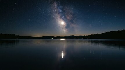 Obraz premium The Milky Way Galaxy Reflecting in a Calm Lake Under a Starry Night Sky