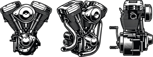 Motorcycle V-Twin Engine Vector Set with Detailed Monochrome Illustrations from Front, Perspective, and Side Views for Custom Chopper Biker Graphic Designs © BijoyChandra