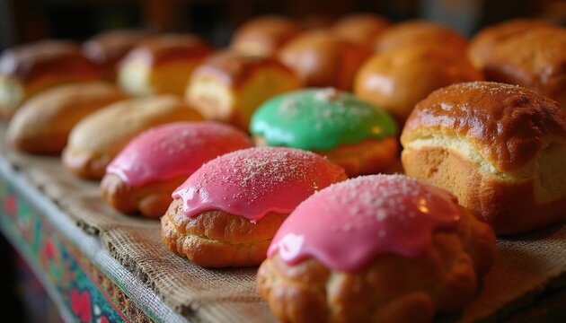 Assorted Mexican sweet bread pan dulce arranged on bakery counter display. Colorful pink, green glazed pastries sit on rustic burlap cloth. Fresh baked traditional buns offer delicious textures for