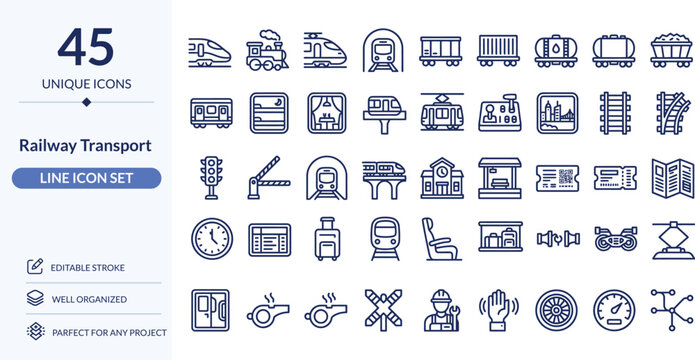 45 Unique Railway Transport Line Icons Editable Train, Track & Station Symbols