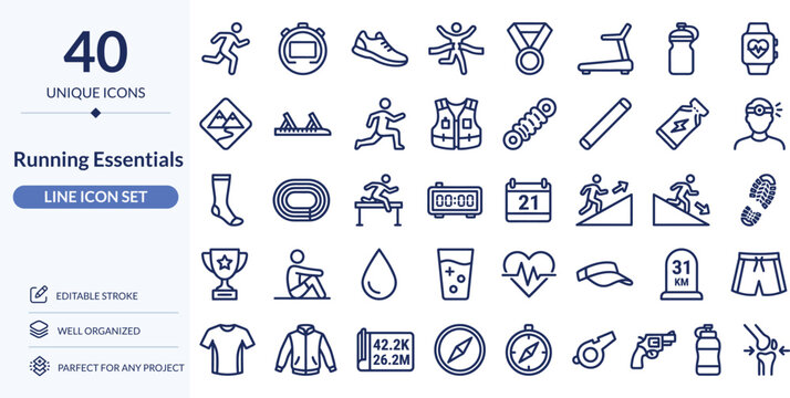 40 Minimalist Line Icons for Running, Fitness & Gym Essentials - Vector Pack