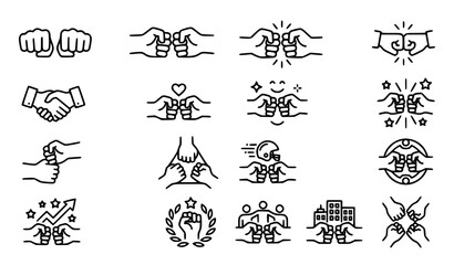 Fist bump vector icon set featuring friendship teamwork agreement support and greeting gesture symbols on white background © Farjanabegum
