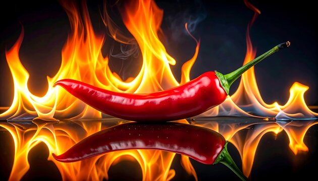 A vibrant red chili pepper on fire background