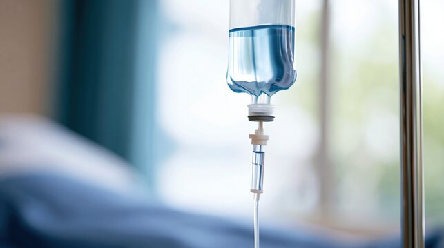 Close-up view of intravenous fluid bag hanging on stand in hospital room with blurred background