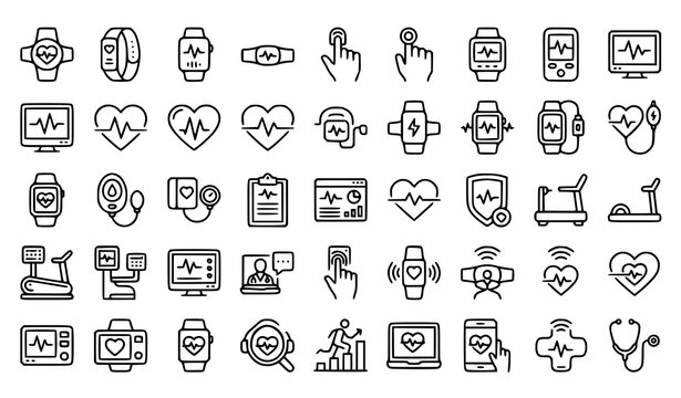 Heart Rate Monitor Line Icon Set with Smartwatch Fitness Tracker Symbols Medical Health Diagnostics ECG Pulse and Cardio Training Equipment Elements