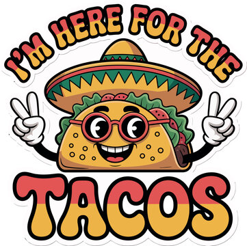 Retro style taco character wearing a sombrero and round glasses making peace