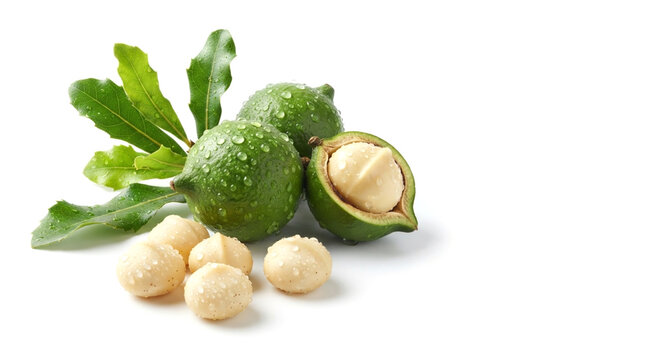 Fresh green macadamia nuts with leaves and peeled kernels on white surface