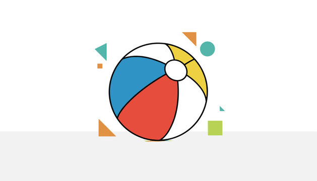 Multicolored beach ball featuring red blue and yellow panels is surrounded by floating geometric shapes in a flat design style.