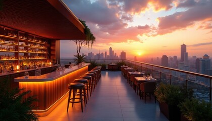 Naklejka premium Modern rooftop terrace bar features stylish lounge area with elegant furniture during golden sunset. Panoramic city skyline view glows behind bright cocktail bar counter. Outdoor deck provides
