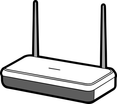 A white, modern wireless router is centered in the image against a solid, medium-gray background. The router has a sleek, rounded design with a slightly curved top surface. Two tall, thin, white anten