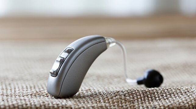 Modern Digital Hearing Aid Device with Earpiece Resting on Textured Fabric Surface