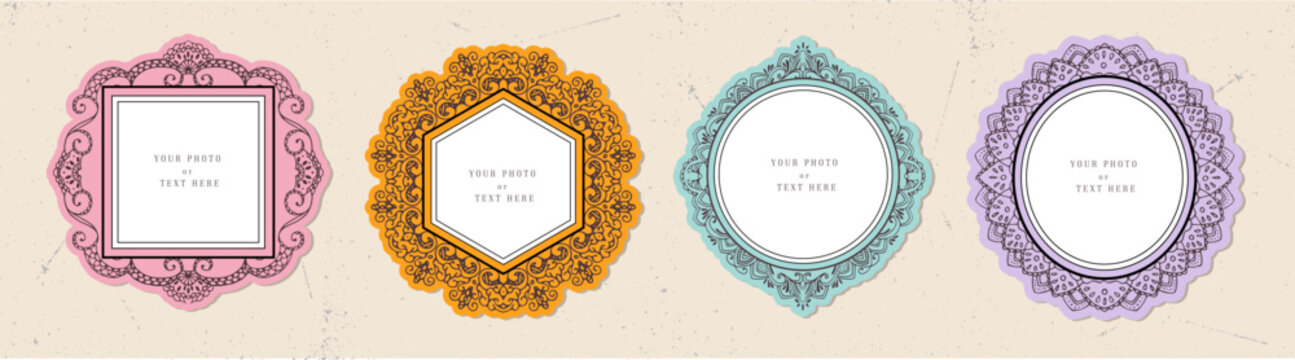 Hand drawn photo holder vintage kid frame. Mirror antique ornamental borders. Black outline picture collection in vector retro decorative style. 