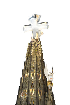 Julio 2026. Barcelona. Sagrada Familia. Fotograf&iacute;a real de la Torre de la cruz o torre de Jesucristo, con IA se ha retirado el fondo.