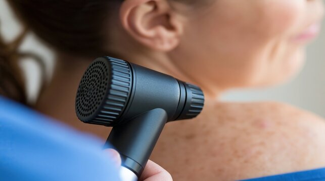 Dermatologist examining a patient's shoulder with pigmented spots using a dermatoscope for skin health check
