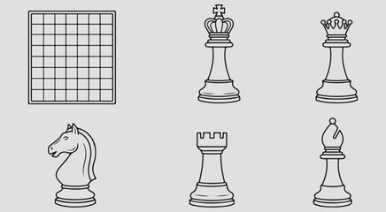 Chess pieces king queen knight rook bishop and board grid black and white vector illustration art design set game strategy  © Afiya bano