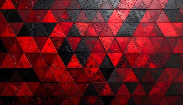 A vibrant red and black geometric pattern of triangles on a white background